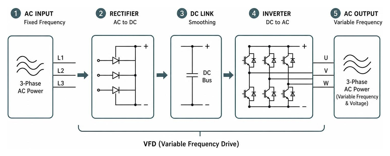 Diagram illustrating how a VFD converts AC input to DC power and modulates it back into variable frequency AC output