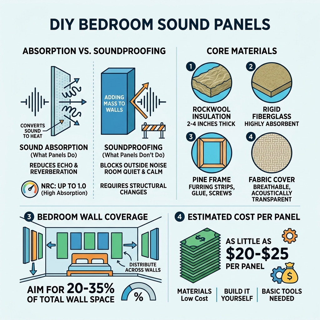 Infographic showing DIY bedroom sound panels: absorption vs soundproofing, materials, coverage, and cost - diy bedroom sound Infographic showing DIY bedroom sound panels: absorption vs soundproofing, materials, coverage, and cost - diy bedroom sound