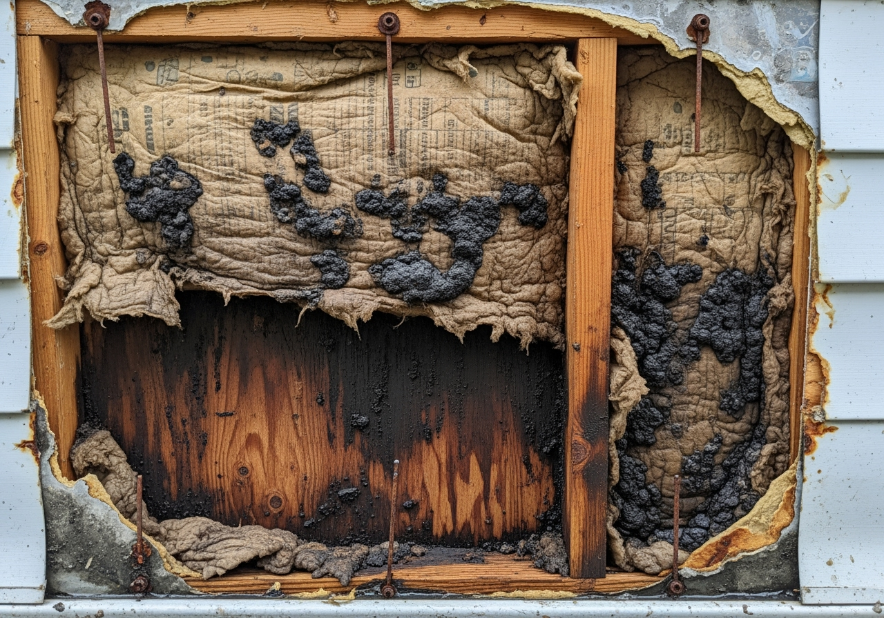water damage and mold growth behind a siding panel - repair hail damage aluminum siding