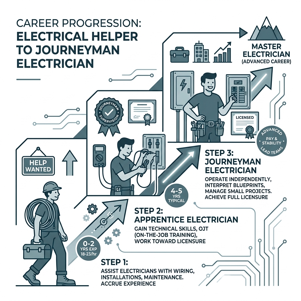 Career progression from electrical helper to journeyman electrician infographic - electrical helper labor jobs infographic Career progression from electrical helper to journeyman electrician infographic - electrical helper labor jobs infographic