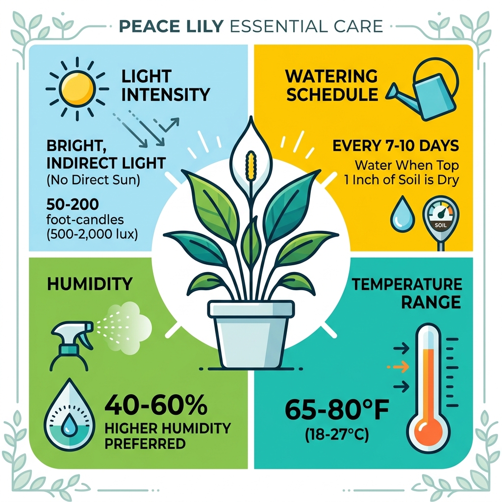 infographic summarizing peace lily light intensity, watering schedule, humidity, and temperature ranges - peace lily light infographic summarizing peace lily light intensity, watering schedule, humidity, and temperature ranges - peace lily light