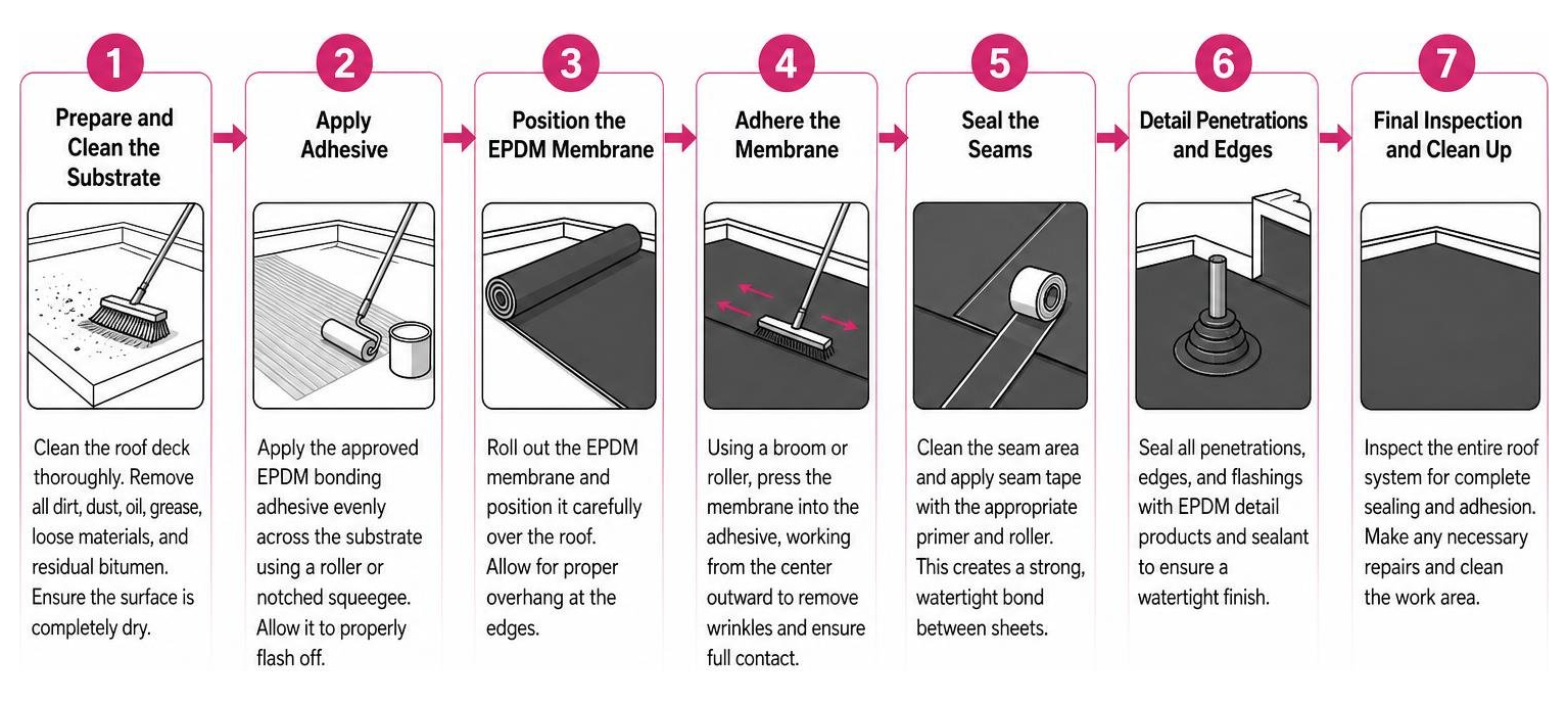Process diagram of the 7-step EPDM roofing installation system Process diagram of the 7-step EPDM roofing installation system