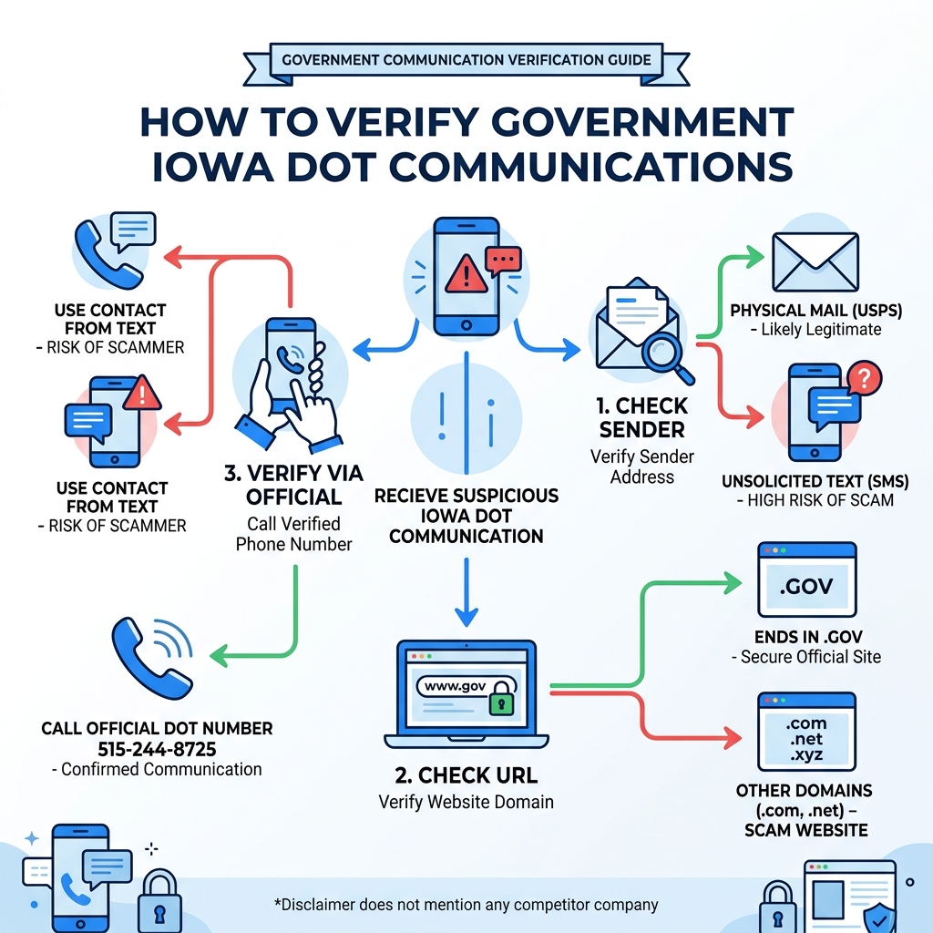Flowchart showing how to verify a government communication: check sender, check URL, verify via official phone number - iowa Flowchart showing how to verify a government communication: check sender, check URL, verify via official phone number - iowa