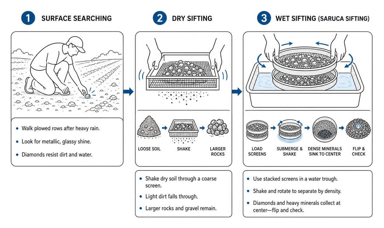 Step-by-step process of surface searching, dry sifting, and wet sifting for natural diamonds Step-by-step process of surface searching, dry sifting, and wet sifting for natural diamonds
