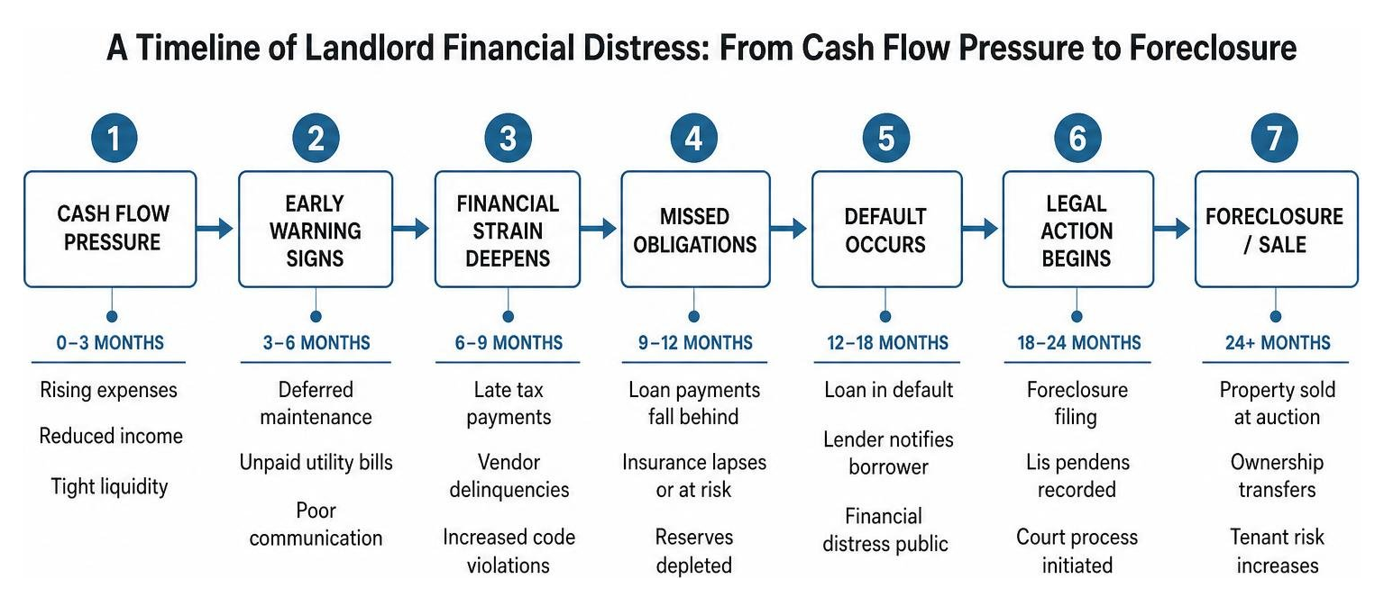 A timeline of landlord financial distress from cash flow pressure to foreclosure