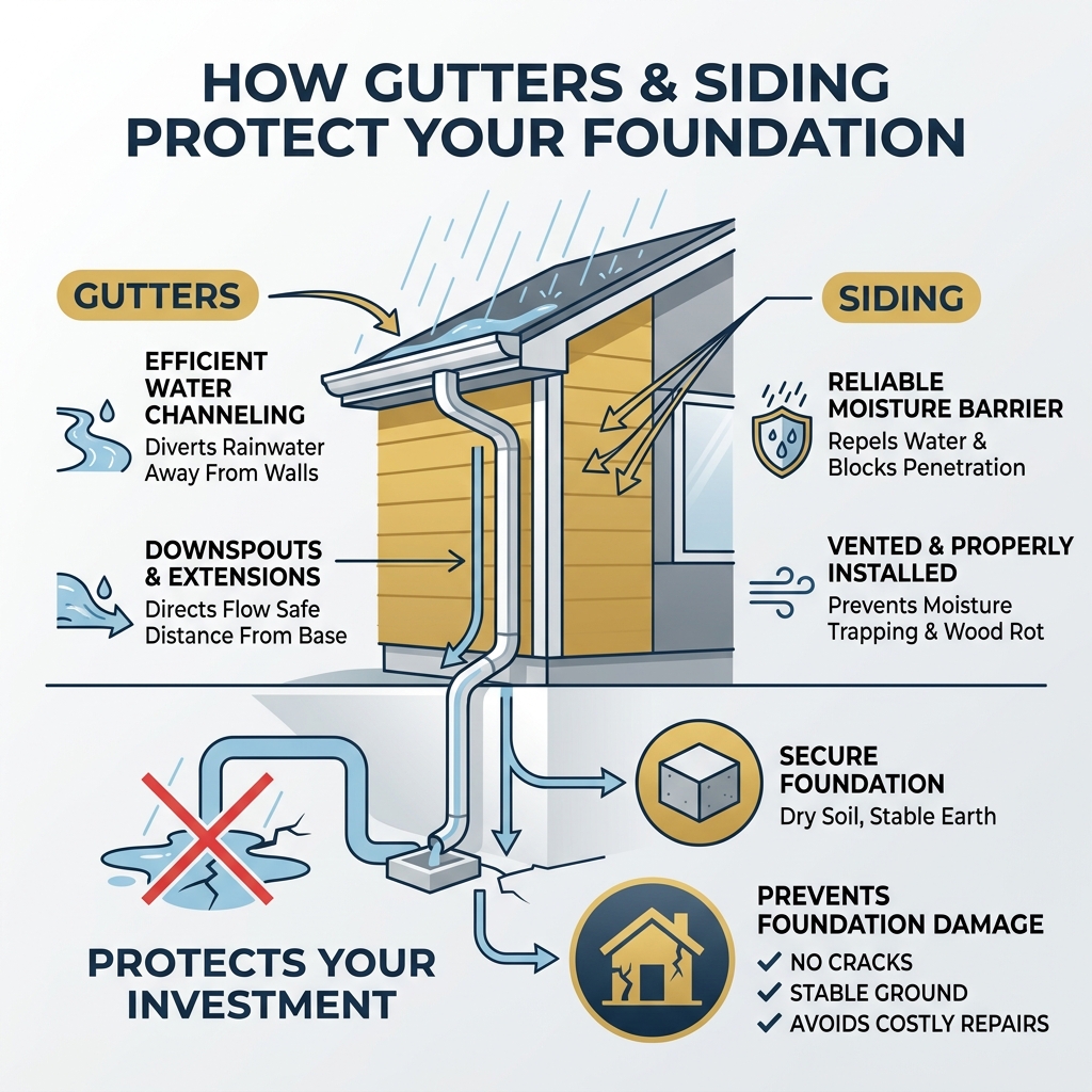 Infographic showing how gutters and siding work together to protect a home's foundation from water damage - gutter and Infographic showing how gutters and siding work together to protect a home's foundation from water damage - gutter and