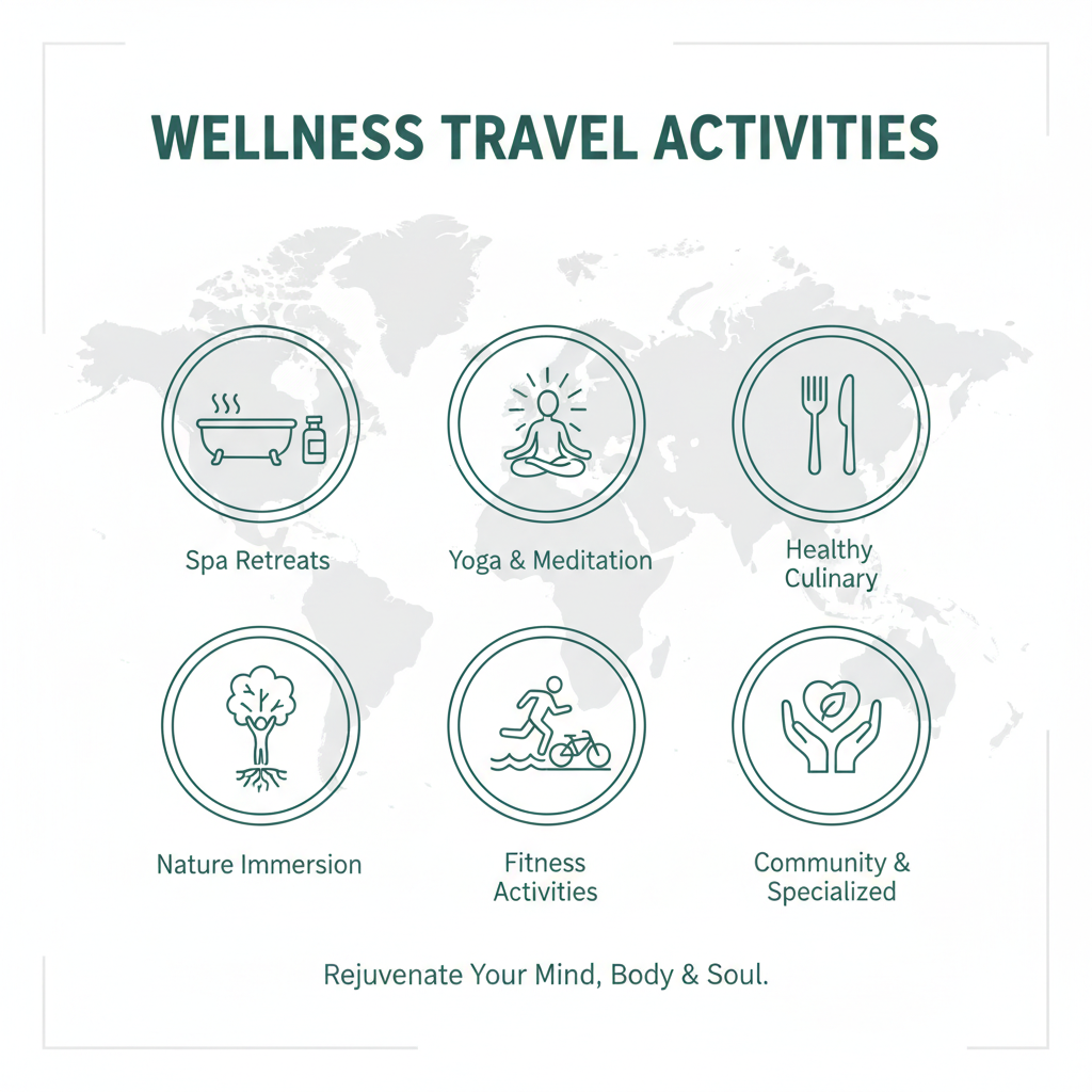 List of Popular Wellness Travel Activities - modern travel and lifestyle infographic 