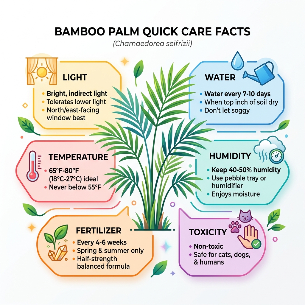 Bamboo Palm care quick facts infographic: light, water, humidity, temperature, fertilizer, toxicity - bamboo palm care Bamboo Palm care quick facts infographic: light, water, humidity, temperature, fertilizer, toxicity - bamboo palm care