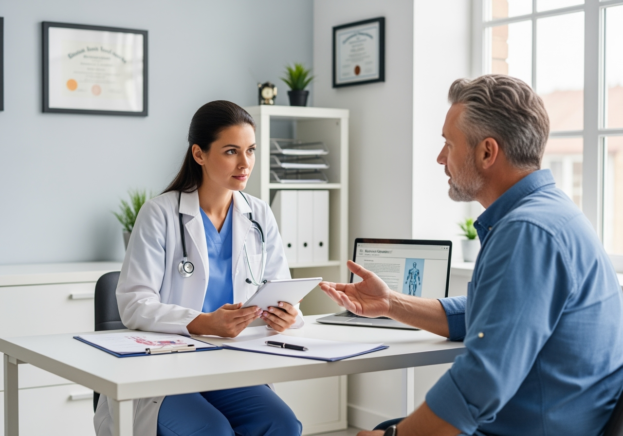 A medical professional consulting with a male patient - regenmax vs gainswave comparison