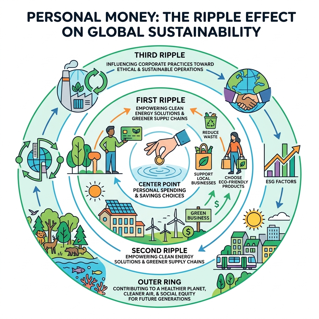 Infographic explaining the ripple effect of personal money on global sustainability - sustainable personal finance