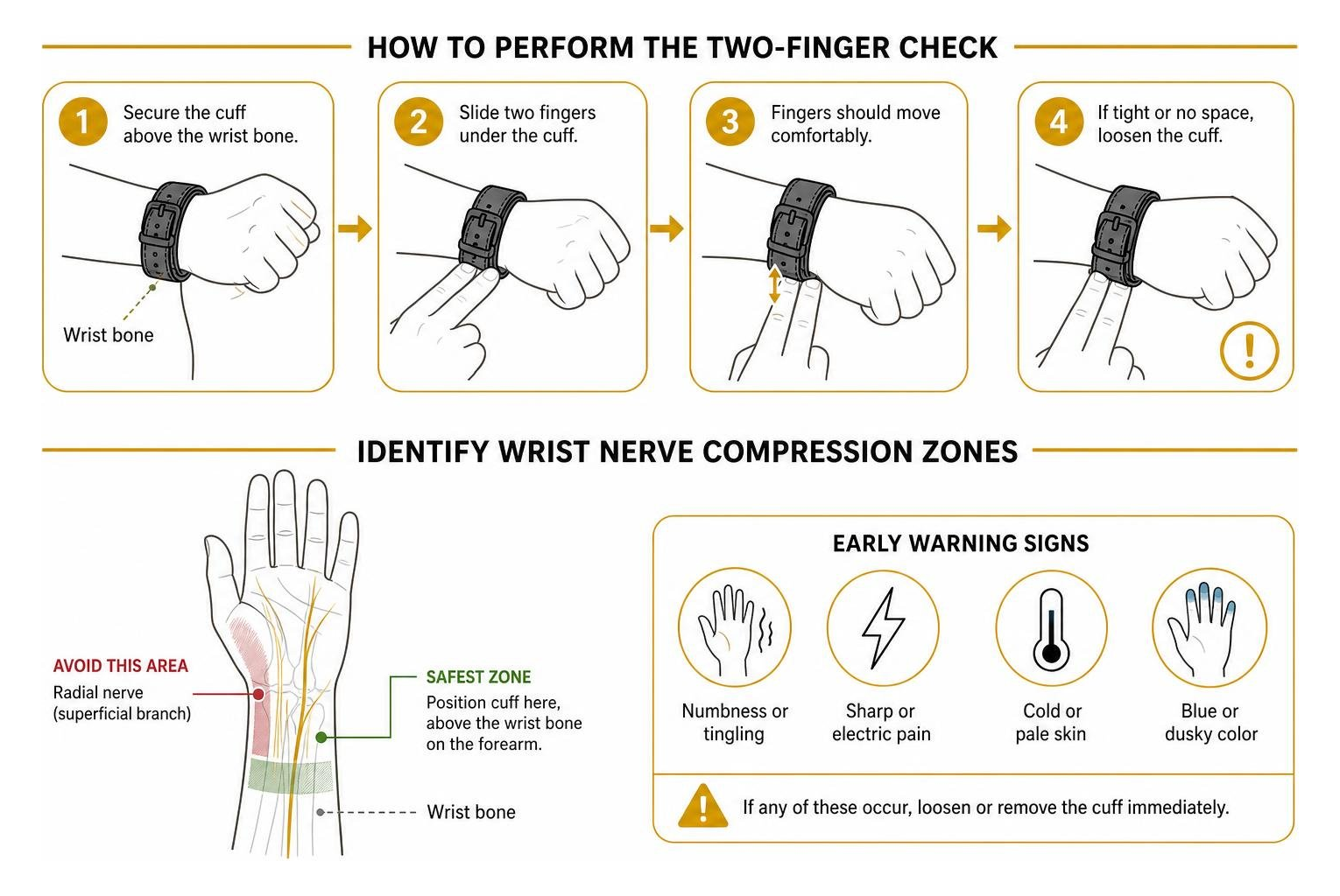 Diagram showing how to perform the two-finger check and identify wrist nerve compression zones