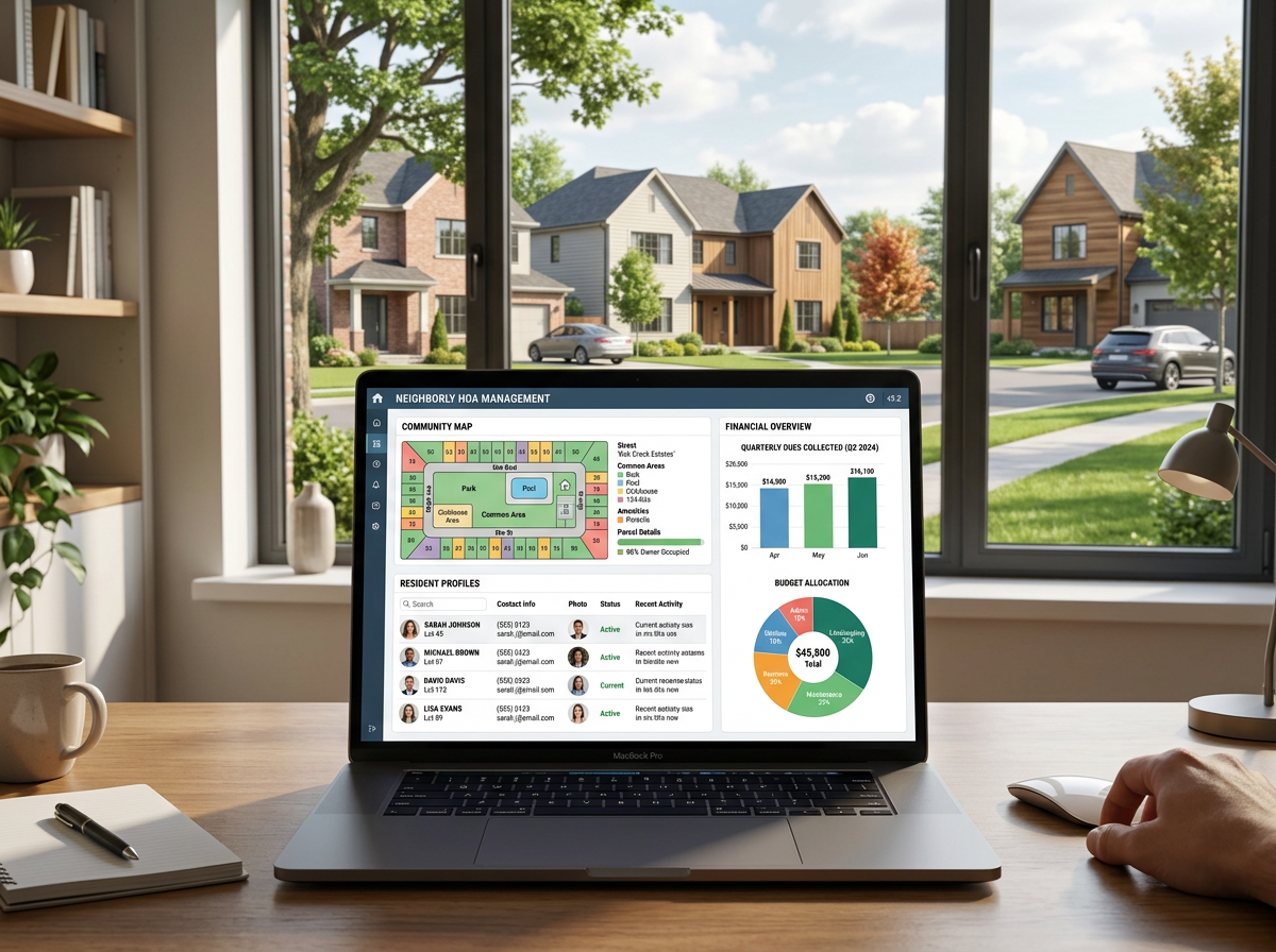 HOA management software dashboard on modern community neighborhood