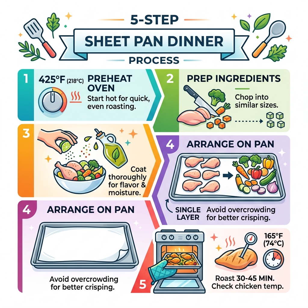 5-step sheet pan dinner process infographic with temperature, timing, and layering tips - chicken and vegetable sheet pan