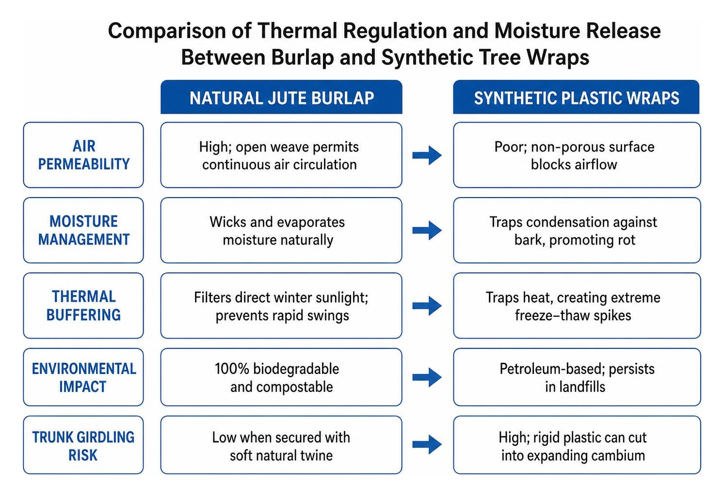 Comparison of thermal regulation and moisture release between burlap and synthetic tree wraps
