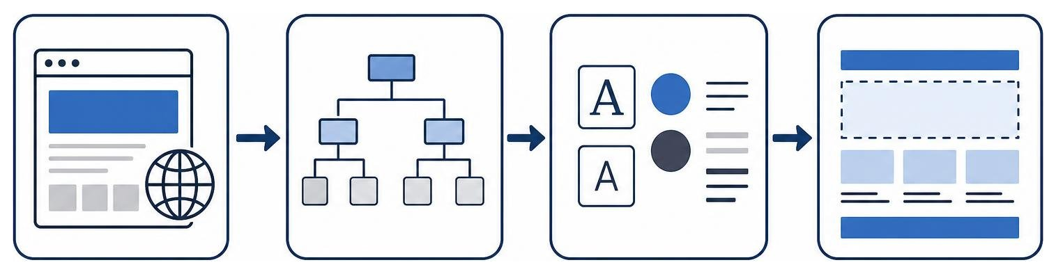 Process sequence of URL crawling, DOM parsing, token extraction, and layout compilation, no text