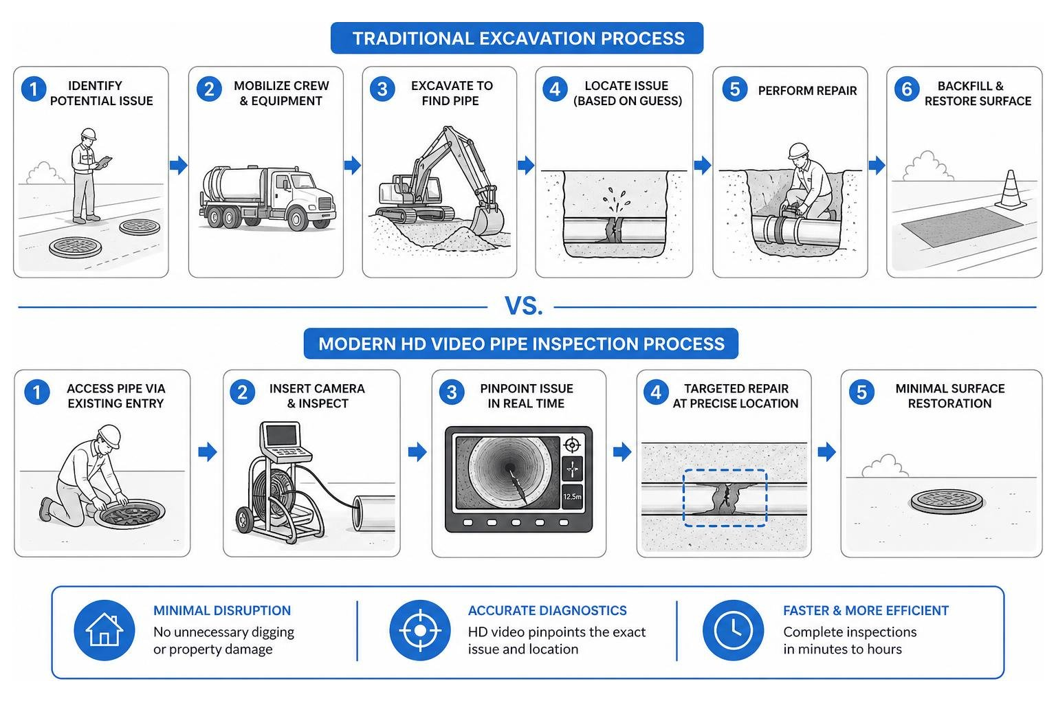 Comparison of traditional excavation versus modern high-definition video pipe inspection