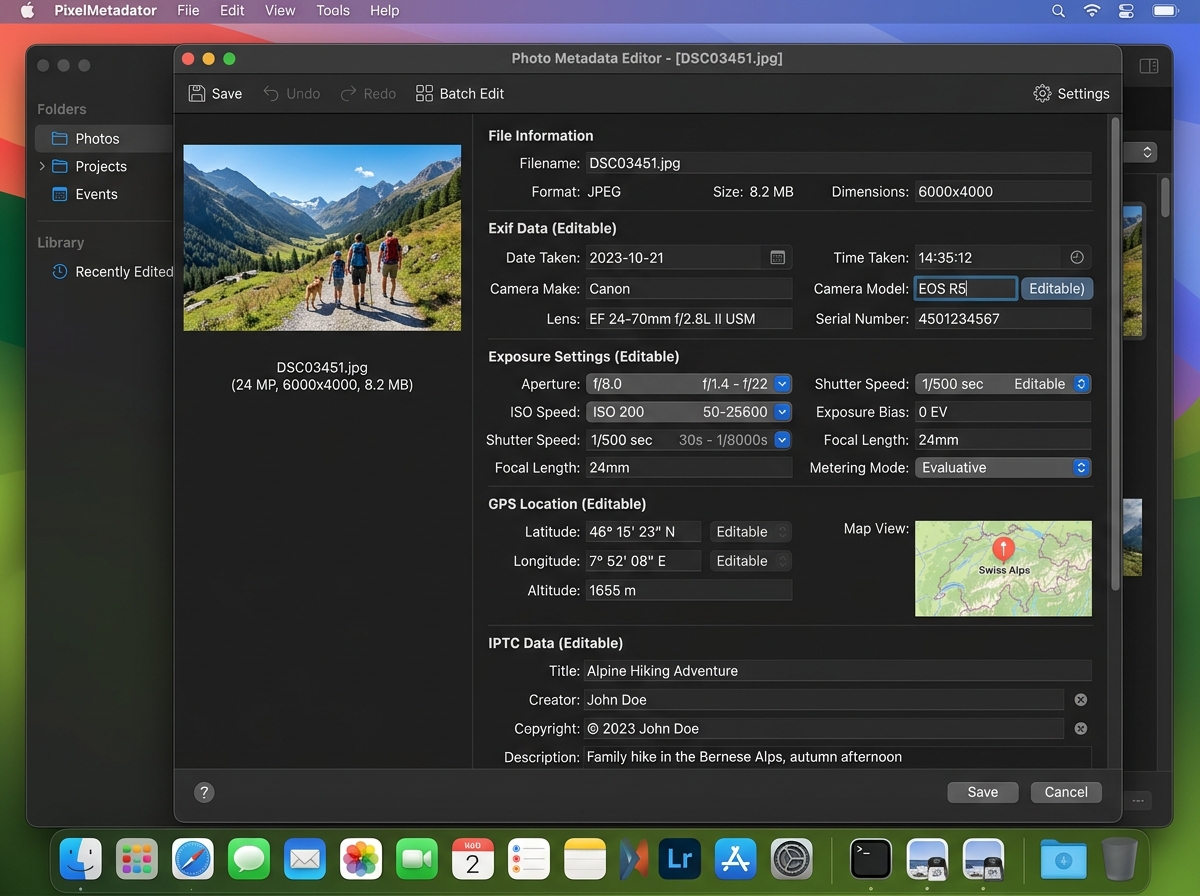 User interface of a photo metadata editor showing various fields like date, time, and camera model - edit exif date