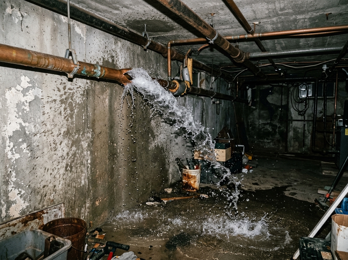 A burst copper pipe spraying water in a basement setting - emergency water damage Watertown