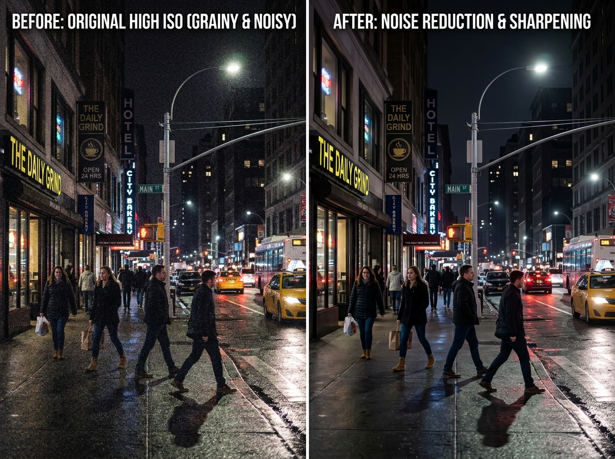 Comparison showing noise reduction and sharpening on a low-light photo - get better quality image online Comparison showing noise reduction and sharpening on a low-light photo - get better quality image online