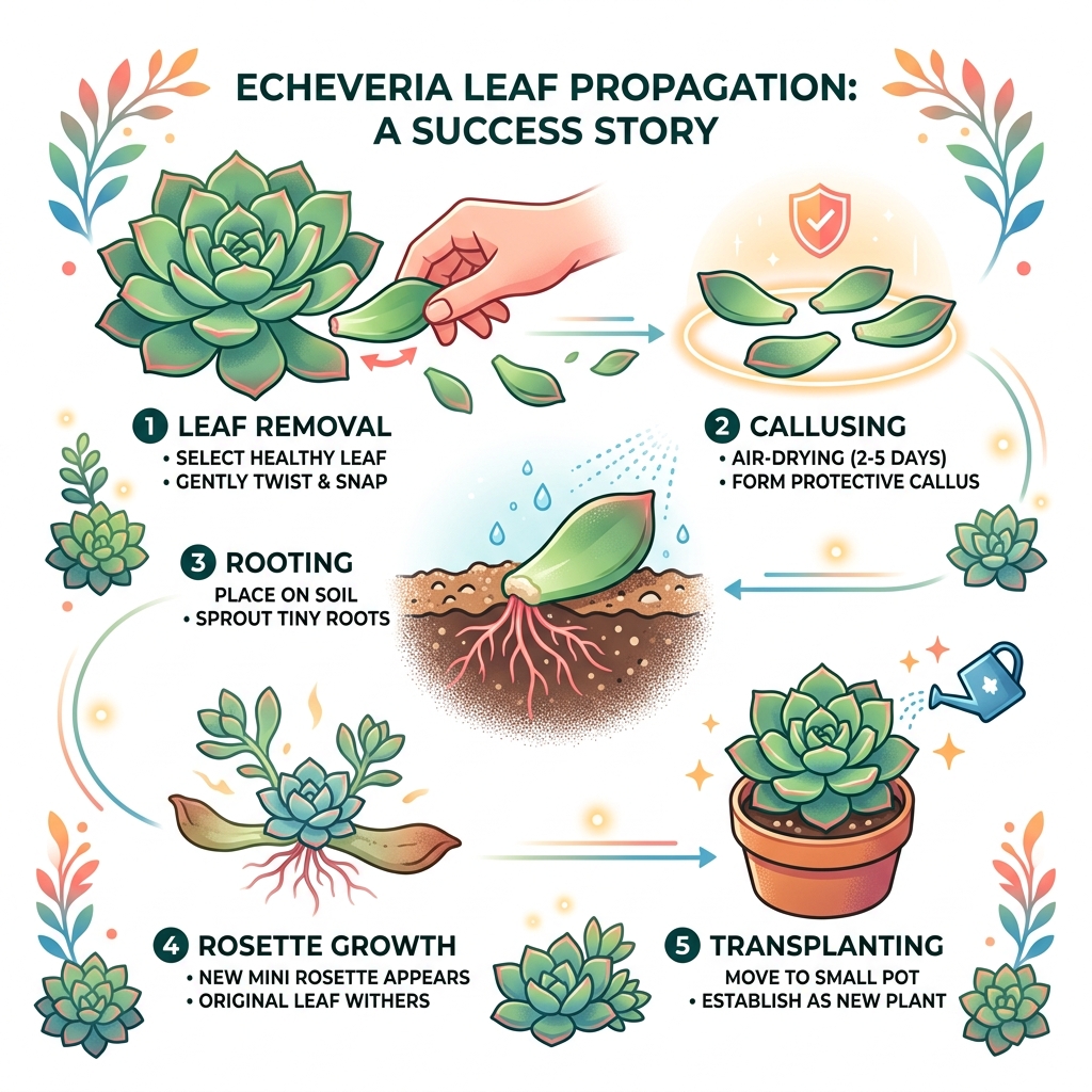 Echeveria leaf propagation lifecycle: leaf removal, callusing, rooting, rosette growth, transplanting - echeveria leaf