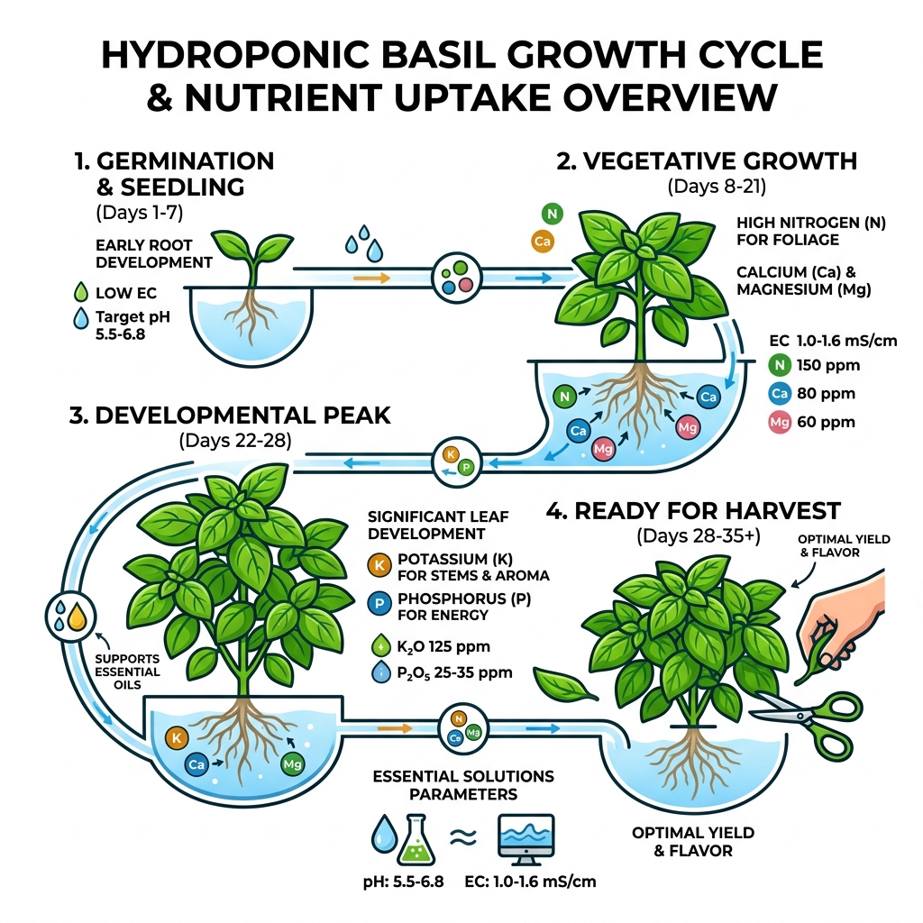 Hydroponic basil growth cycle and nutrient uptake overview infographic - hydroponic basil nutrient solution infographic 