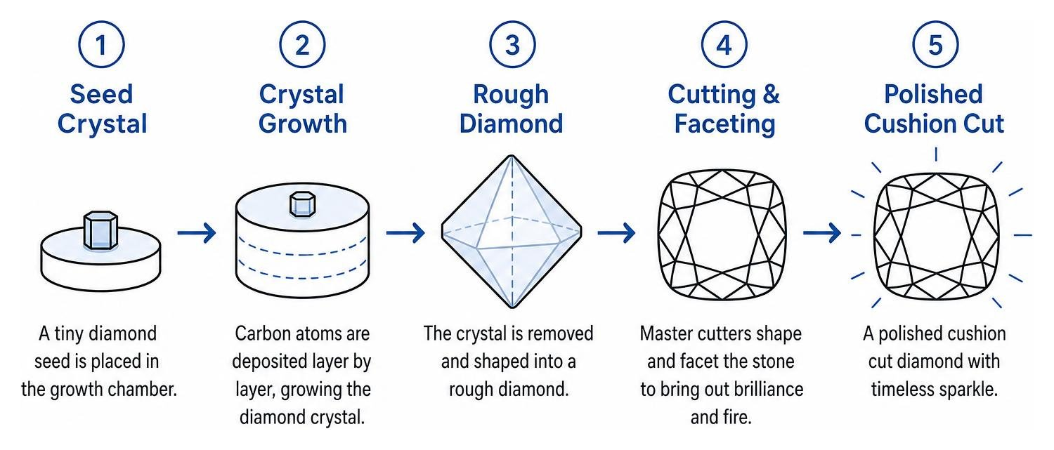 Diamond growth process from seed crystal to polished cushion cut Diamond growth process from seed crystal to polished cushion cut