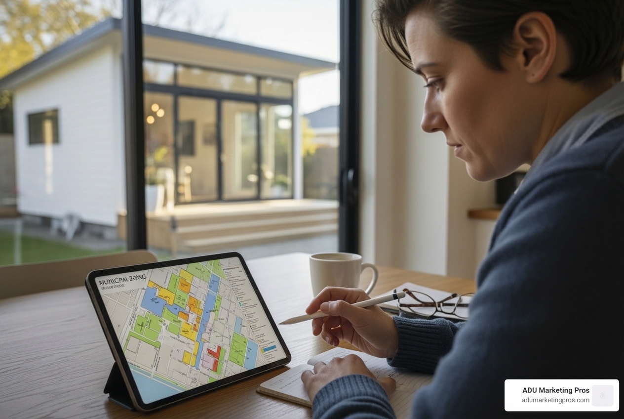A homeowner reviewing a municipal zoning map on a tablet, with a small home property in the background. - Building small homes