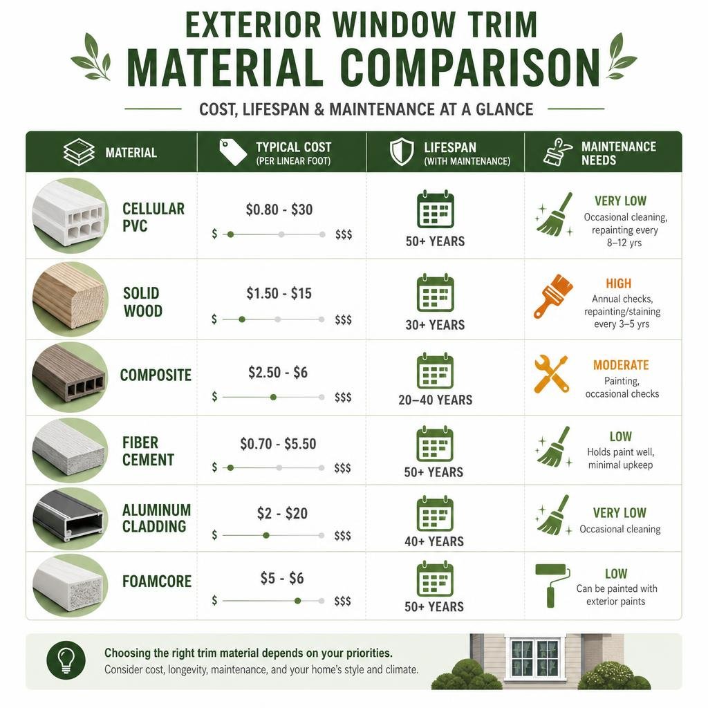 table comparing trim materials by cost, lifespan, and maintenance needs infographic