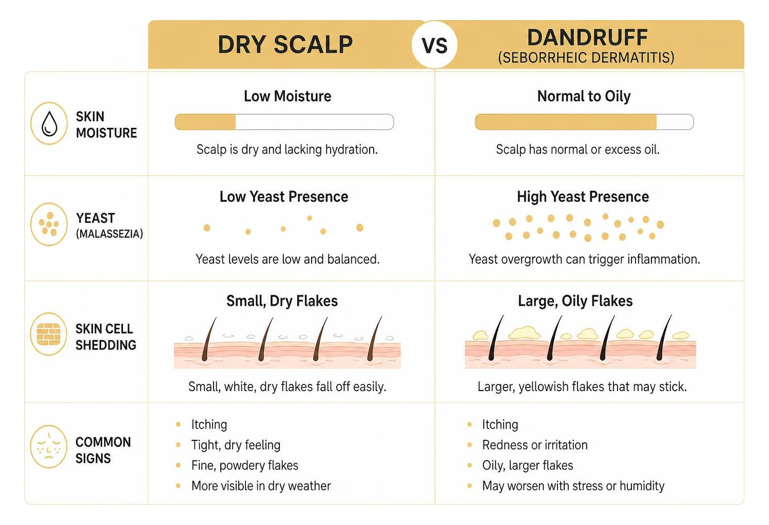 dry scalp vs dandruff comparison diagram showing skin moisture levels and yeast presence dry scalp vs dandruff comparison diagram showing skin moisture levels and yeast presence