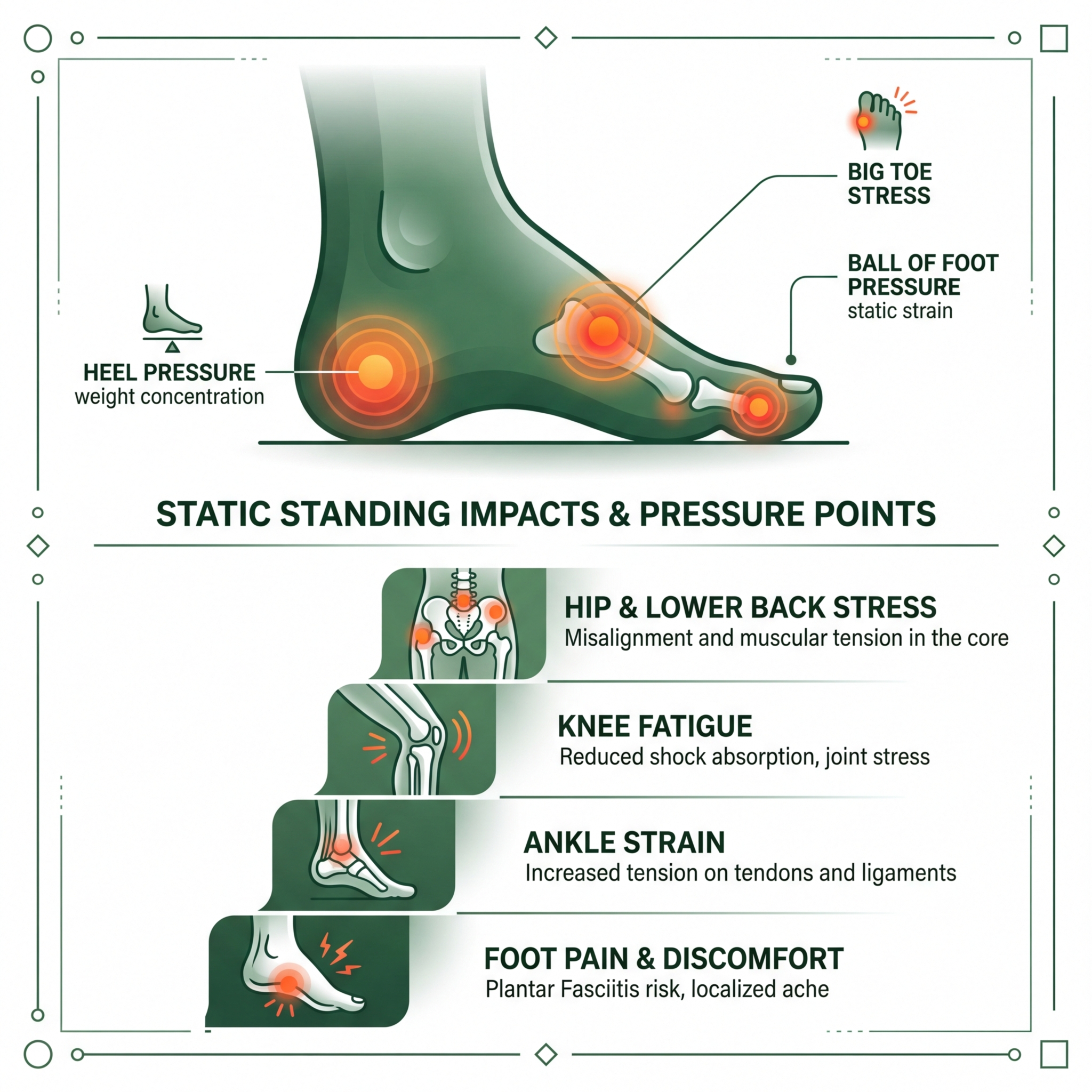 Infographic showing foot pressure points and impact of static standing on the body - best footwear for standing all day
