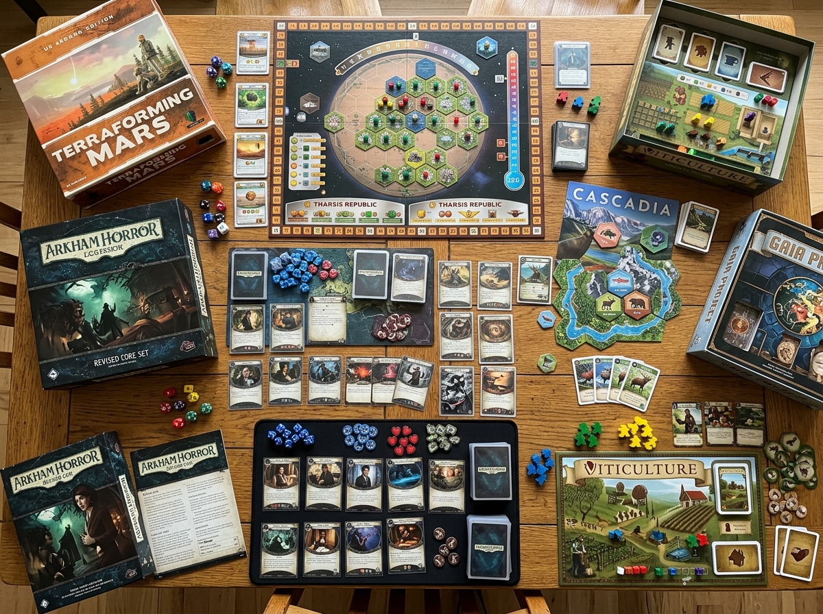 Various solo board game boxes and components spread across a table - board games for one player Various solo board game boxes and components spread across a table - board games for one player