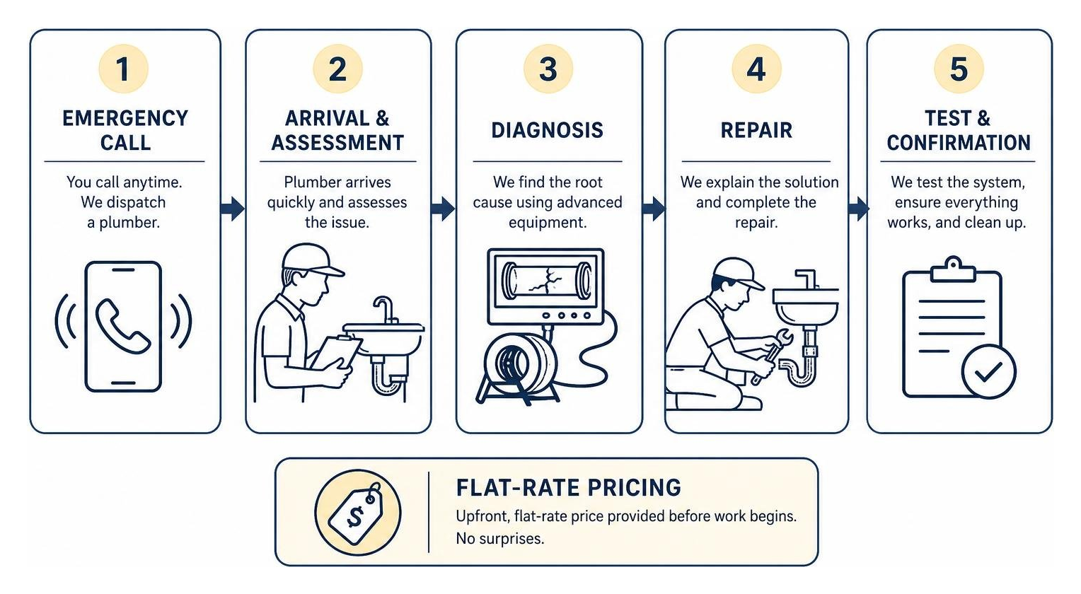 Process of diagnosing and repairing a plumbing emergency with flat-rate pricing Process of diagnosing and repairing a plumbing emergency with flat-rate pricing