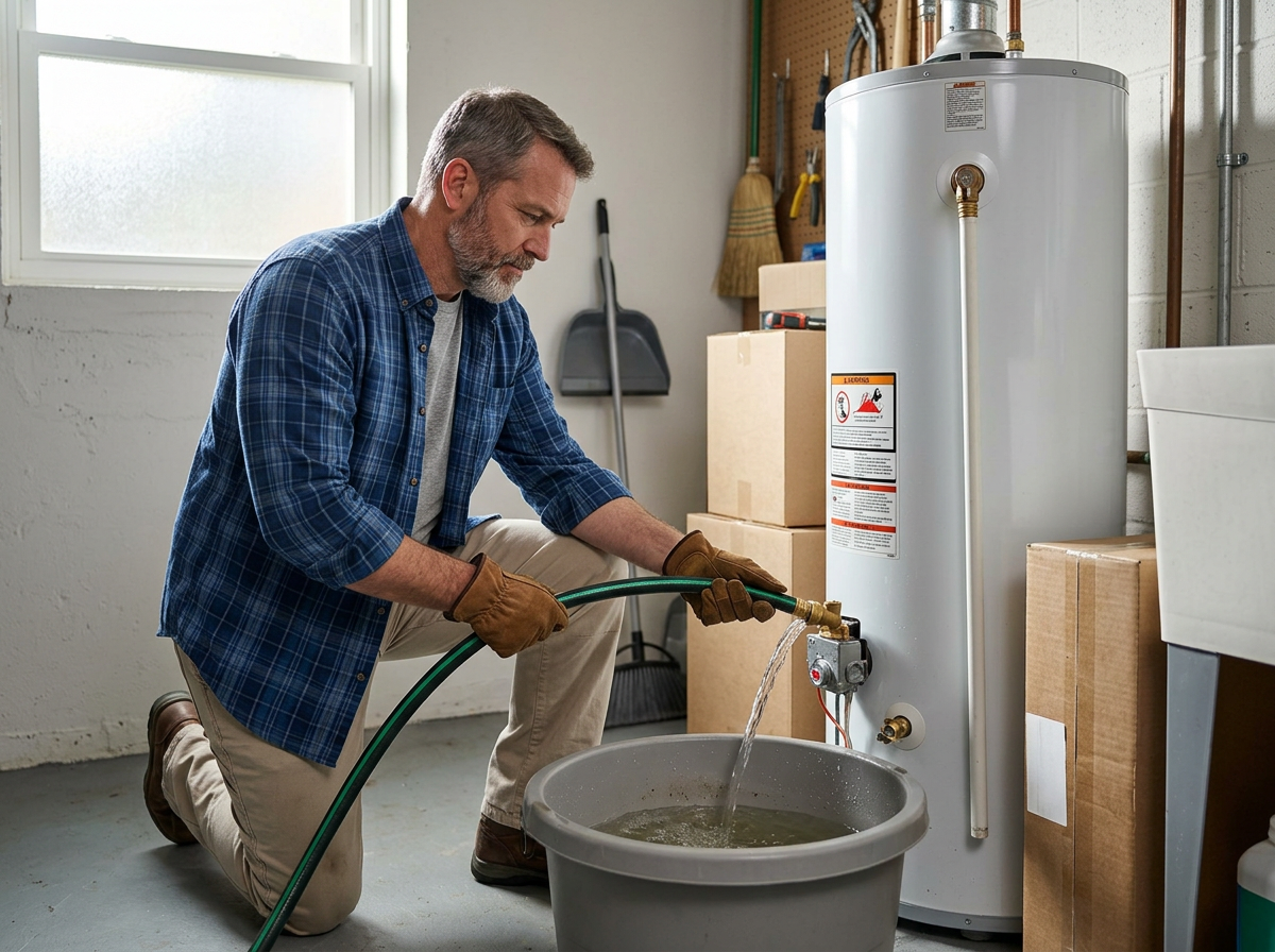 homeowner flushing a water heater tank with a garden hose homeowner flushing a water heater tank with a garden hose
