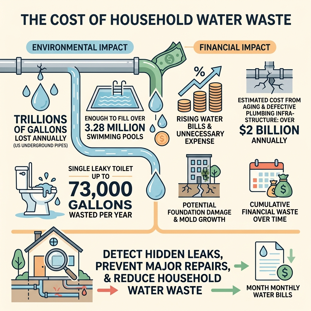 Infographic showing the environmental and financial impact of household water waste including gallons lost and cost Infographic showing the environmental and financial impact of household water waste including gallons lost and cost