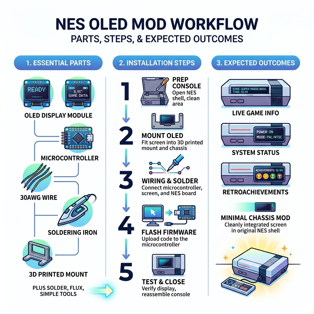 NES OLED mod workflow infographic showing parts, steps, and expected outcomes - nes oled mod guide infographic 
