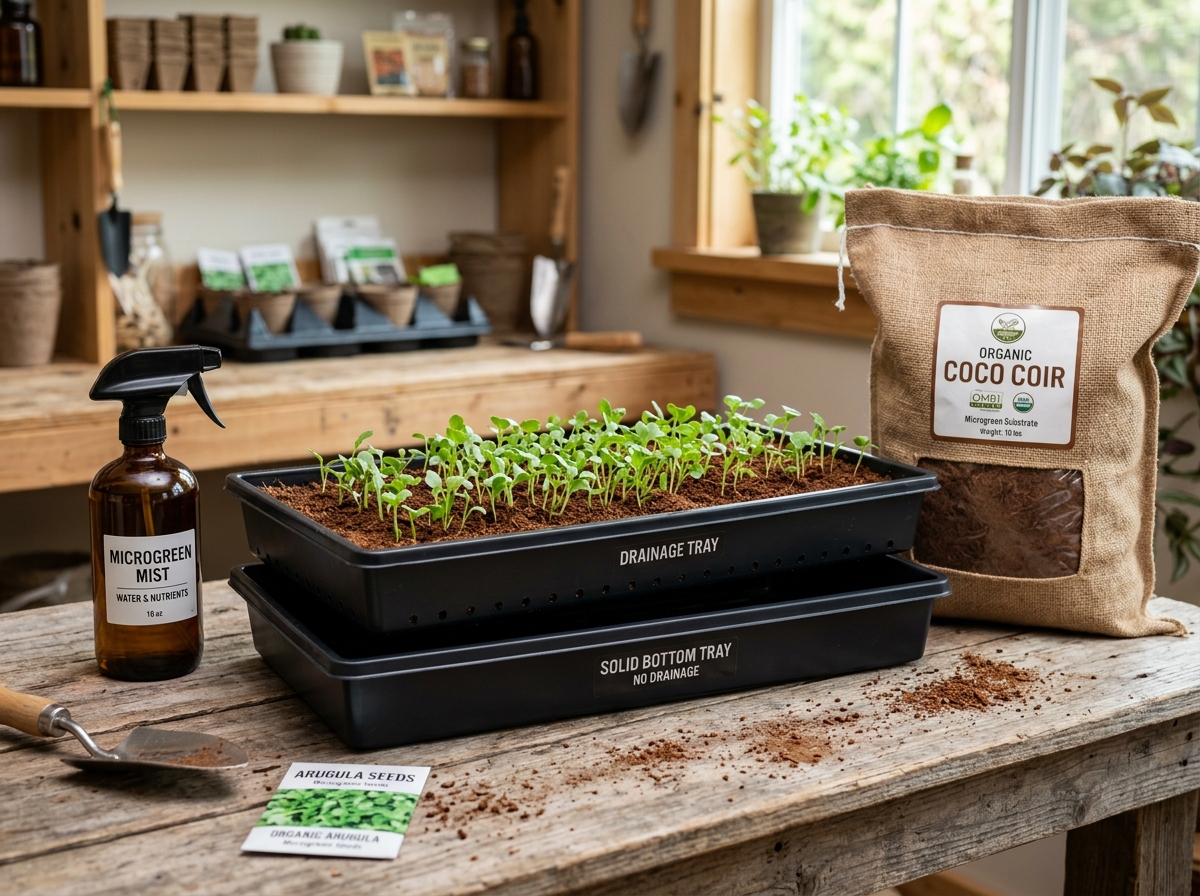 Essential microgreen growing equipment including trays, coco coir, and spray bottle - arugula microgreens beginner tips Essential microgreen growing equipment including trays, coco coir, and spray bottle - arugula microgreens beginner tips