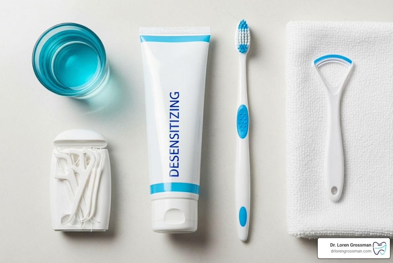 At-home dental care products like desensitizing toothpaste and a soft-bristled brush - sensitive teeth At-home dental care products like desensitizing toothpaste and a soft-bristled brush - sensitive teeth