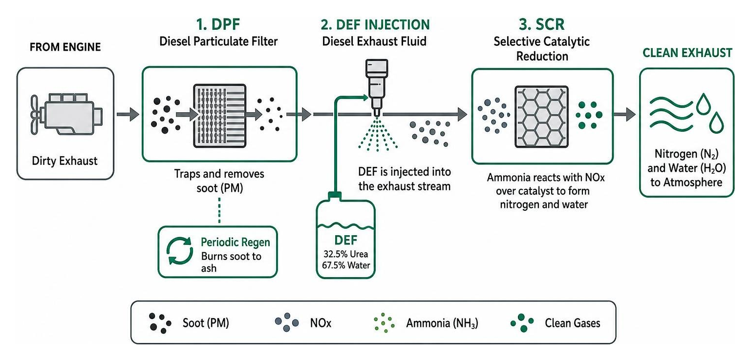 Diagram showing the clean diesel exhaust aftertreatment process from DPF to SCR conversion Diagram showing the clean diesel exhaust aftertreatment process from DPF to SCR conversion