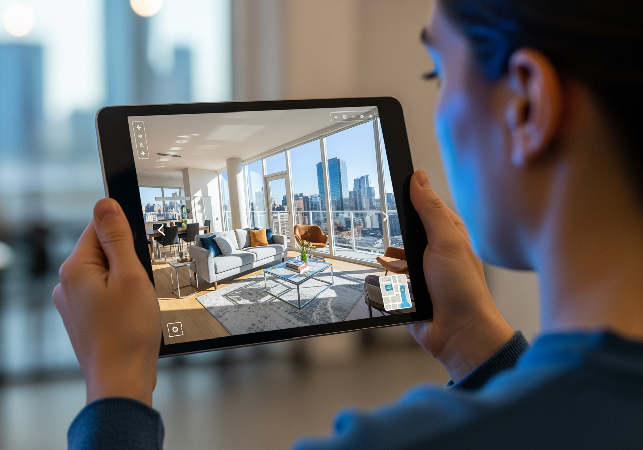 Person using a tablet to take a 3D virtual apartment tour - modern apartment renting
