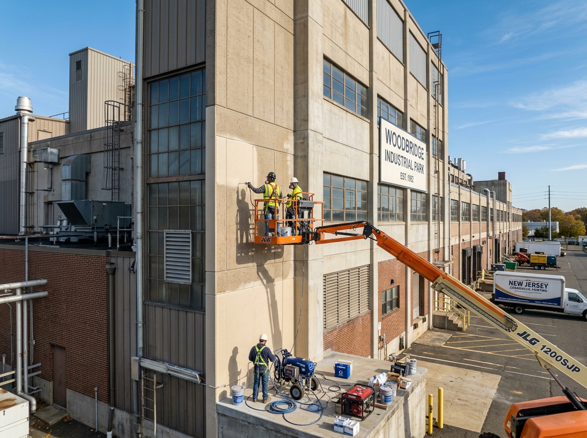 Professional painting crew using commercial-grade sprayers on a large facility - NJ commercial painters Professional painting crew using commercial-grade sprayers on a large facility - NJ commercial painters