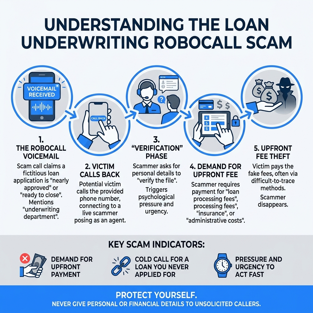 Loan scam lifecycle from voicemail to upfront fee theft infographic - loan underwriting robocall scam infographic Loan scam lifecycle from voicemail to upfront fee theft infographic - loan underwriting robocall scam infographic