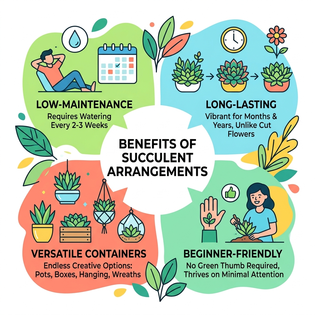 Infographic showing succulent arrangement benefits: low-maintenance, long-lasting, versatile containers, beginner-friendly Infographic showing succulent arrangement benefits: low-maintenance, long-lasting, versatile containers, beginner-friendly