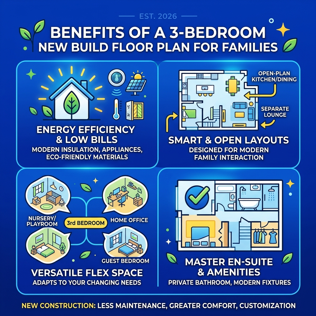 Infographic showing benefits of a 3-bedroom new build floor plan for families - 3 bed new build infographic Infographic showing benefits of a 3-bedroom new build floor plan for families - 3 bed new build infographic