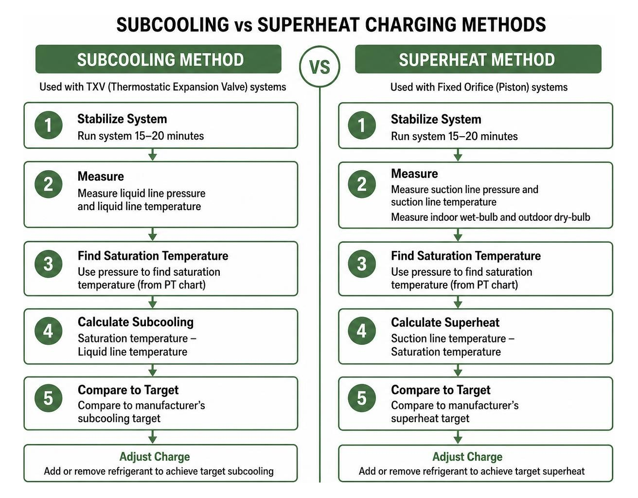 Diagram illustrating the difference between the subcooling and superheat charging methods Diagram illustrating the difference between the subcooling and superheat charging methods