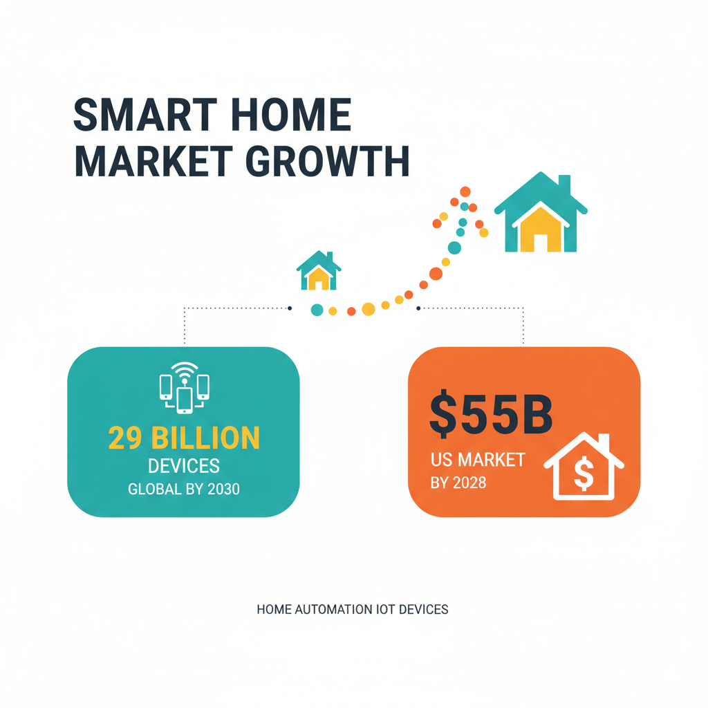 Smart home market growth infographic showing 29 billion devices by 2030 and $55B US market by 2028 - home automation iot
