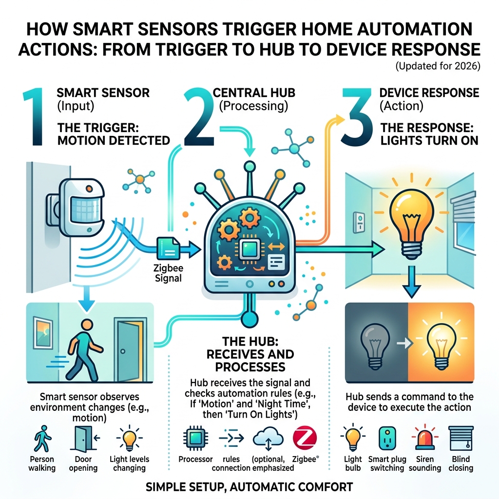 How smart sensors trigger home automation actions — from trigger to hub to device response - easy home automation setup