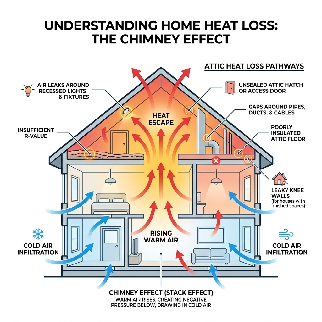 Infographic showing the chimney effect and attic heat loss pathways in a home cross-section - attic insulation guide