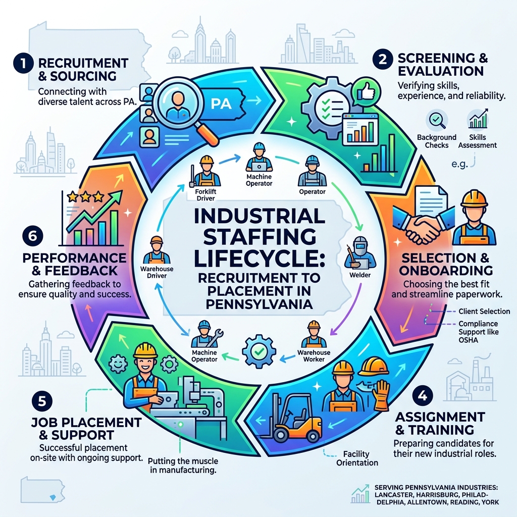 Industrial staffing lifecycle in Pennsylvania from recruitment to job placement infographic - industrial staffing