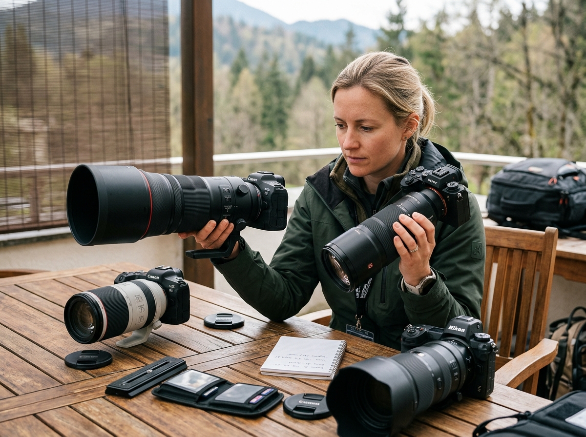 Photographer comparing different camera lenses and bodies for wildlife work - wildlife photography course Photographer comparing different camera lenses and bodies for wildlife work - wildlife photography course