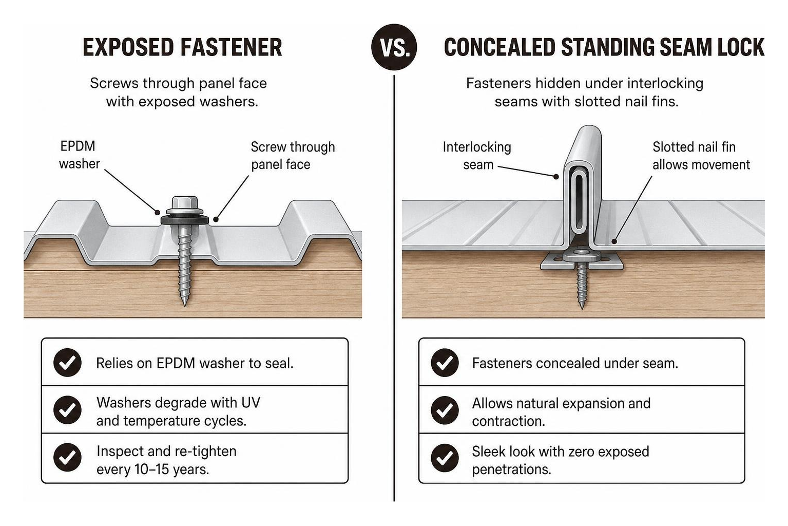 Exposed fastener screw washer detail compared to concealed standing seam lock